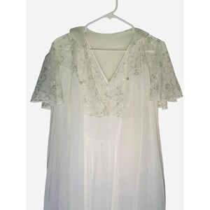 Vintage 1950s Two Piece Nightgown Peignoir Set White Nylon Coquette Size XS/S